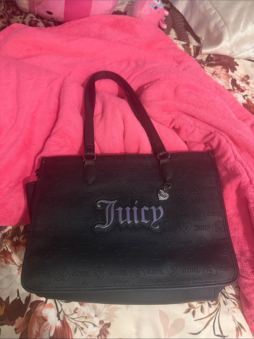 Juicy Couture Black Embossed Logo Tote with Heart Charm